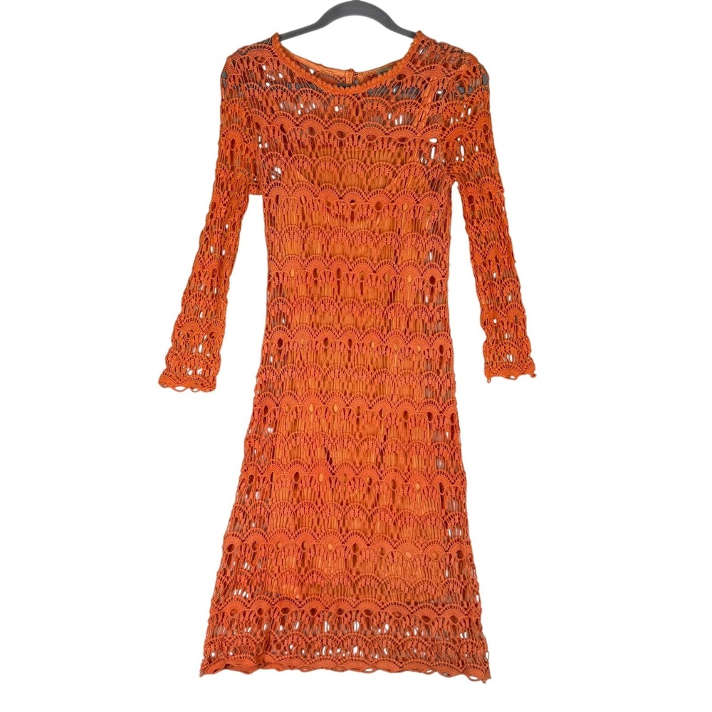 Cremieux Dress Womens Small Orange‎ Crochet 3/4 Sleeve Sheath Lined Boho Party